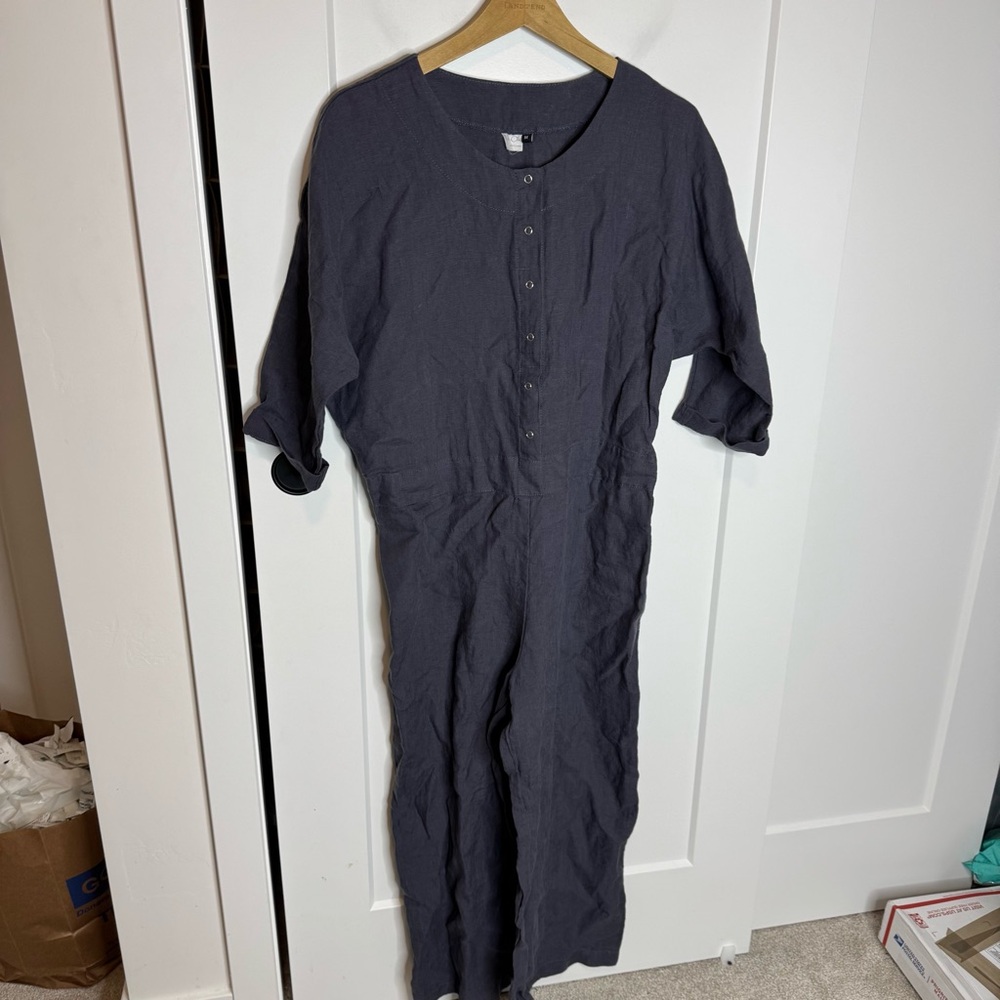 Len Ok 100% Linen Jumpsuit One Piece Snap Button Lagenlook Purple Medium